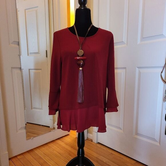 JONES NY BURGUNDY TOP W/ CHIFFON FLOUNCE - Picture 1 of 8